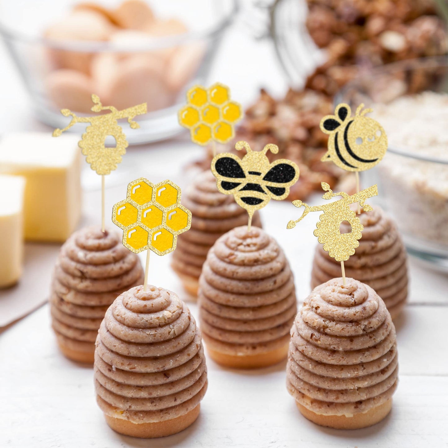 Gyufise 24Pcs Bumble Bee Cupcake Toppers Glitter Heart Honeycomb Bee Cupcake Picks Baby Shower Cake Decorations For Bee Theme Ba
