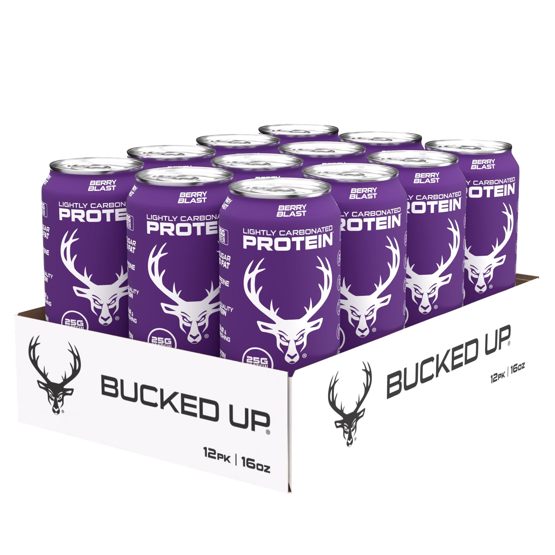 Bucked Up Lightly Carbonated Protein Soda | 25G Whey Isolate - Zero Sugar  Low Calorie  Energy Blend Free  Clean Drink | Sparkling Protein Soda - 12 Pack  16 Oz Cans (Berry Blast)