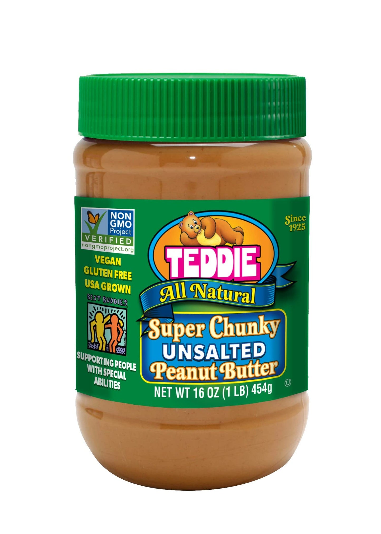 Teddie All Natural Chunky Unsalted Peanut Butter, Gluten Free & Vegan, Plastic Jar (16 Ounce (Pack of 1))