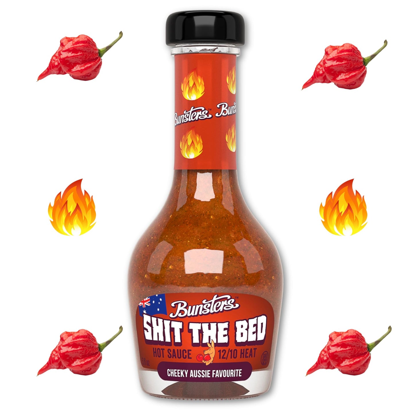 Bunsters Shit The Bed 12/10 Heat Hot Sauce - Chili Pepper with Aussie Fruit and Veg Plant Based  GMO  Gluten Free. The Perfect Hot Sauce Gift.