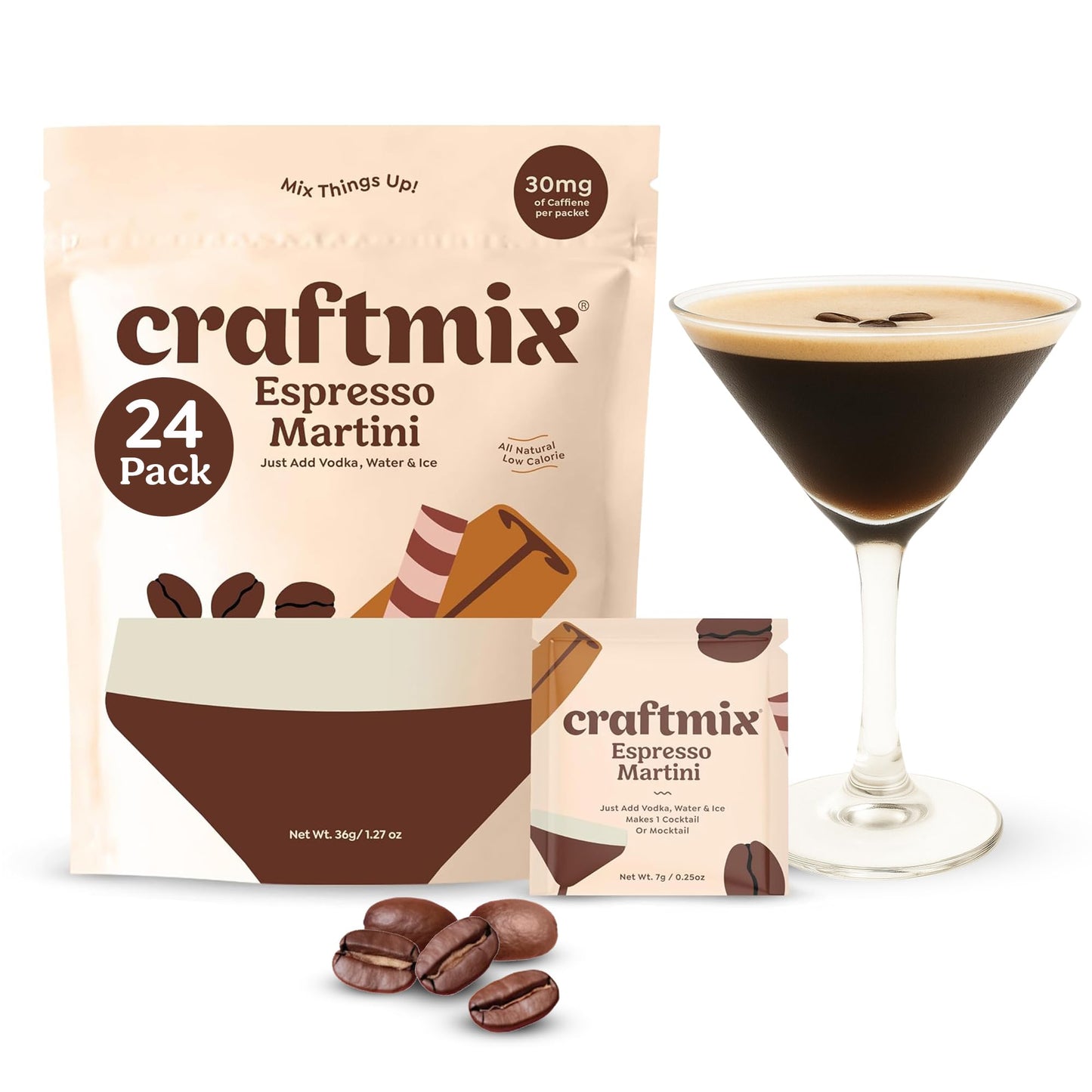 Craftmix Espresso Martini Cocktail & Mocktail Drink Mixer, Skinny Mixes - Water Flavoring Packets - Made With Real Coffee Beans - Vegan, Low-Carb, Low-Sugar, Non-Gmo, Dairy Free, Gluten Free, 24 Pack