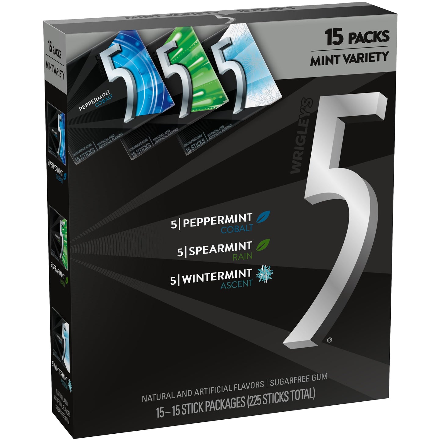 5 Gum Peppermint Cobalt, Spearmint Rain, Wintermint Ascent Sugar-Free Chewing Gum Variety Pack, 15 Packs, Wrigley'S 15 Stick