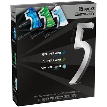 5 GUM Peppermint Cobalt, Spearmint Rain, Wintermint Ascent Sugar-Free Chewing Gum Variety Pack, 15 Packs, WRIGLEY S 15 Stick