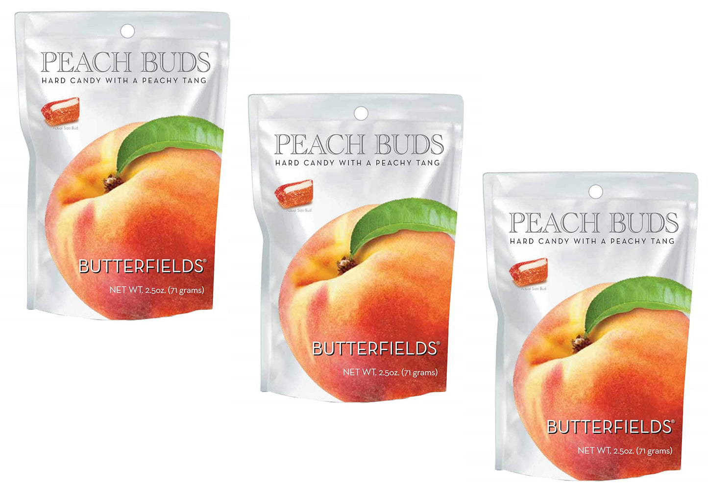 Butterfields Gourmet Old-Fashioned Peach Buds Hard Candy, Gluten Free, 2.5 oz (3-Pack), Made with 100% Real Cane Sugar, Handcrafted in the USA