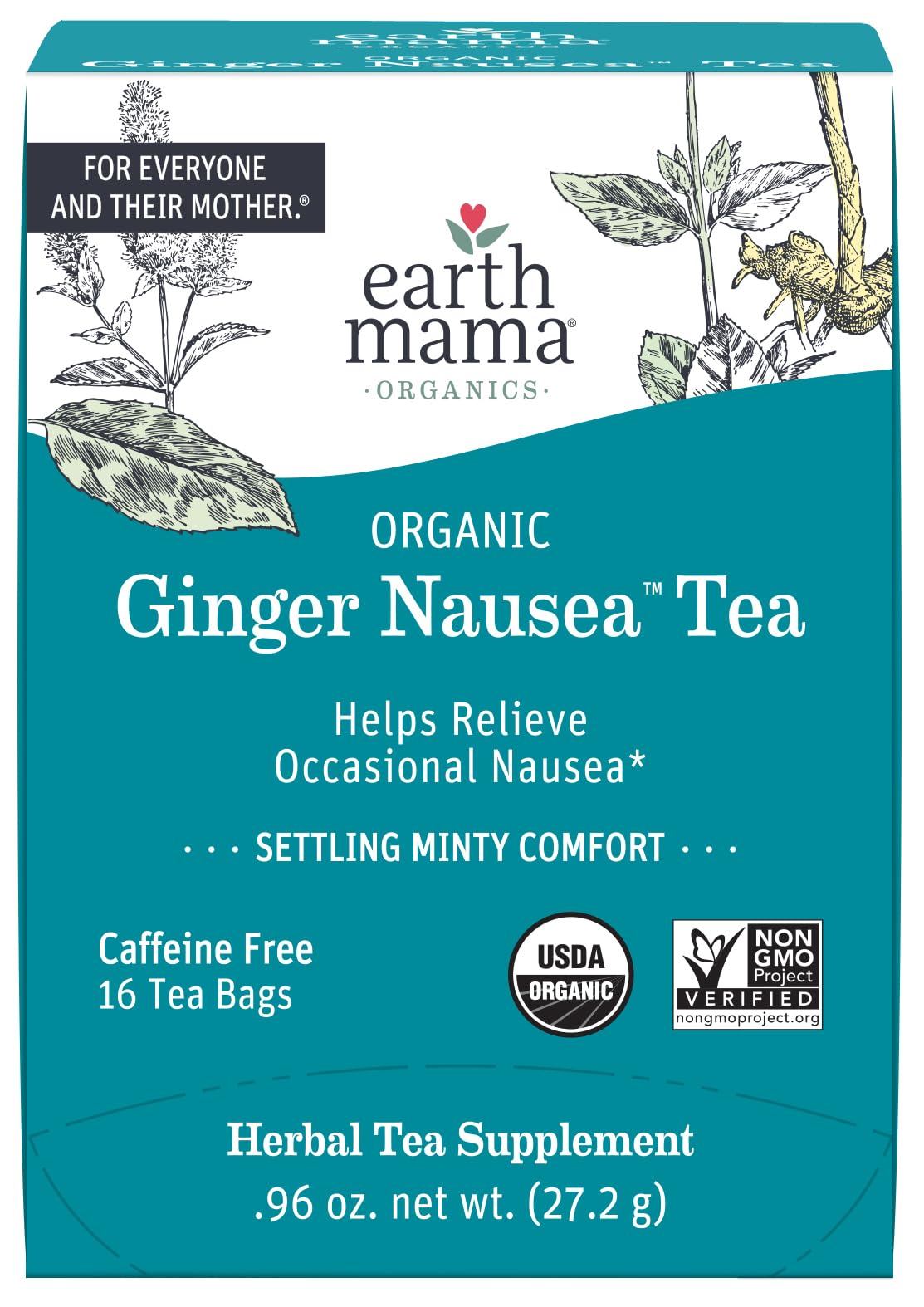 Earth Mama Organic Ginger Nausea Tea | Comforts Occasional Nausea + Morning Sickness, 16 Teabags Per Box