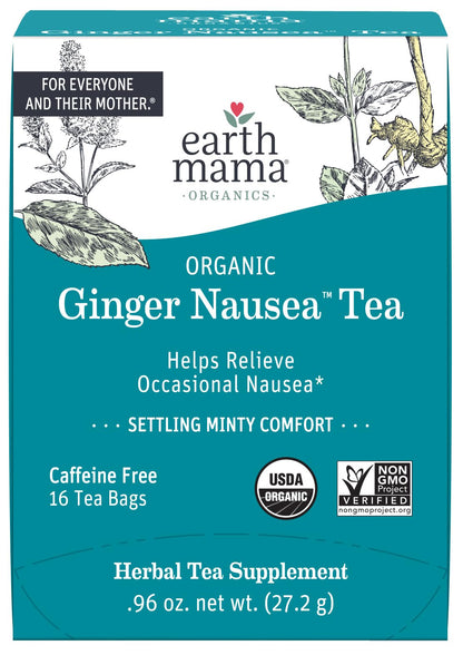 Earth Mama Organic Ginger Nausea Tea | Comforts Occasional Nausea + Morning Sickness, 16 Teabags Per Box