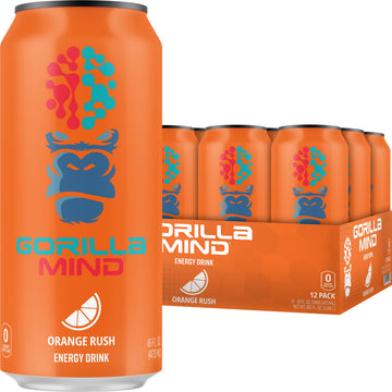 Gorilla Mind Energy Drink - 200mg Caffeine, N-Acetyl-L-Tyrosine, Alpha-GPC, 0 Sugar - 16oz, 12-Pack (Orange Rush