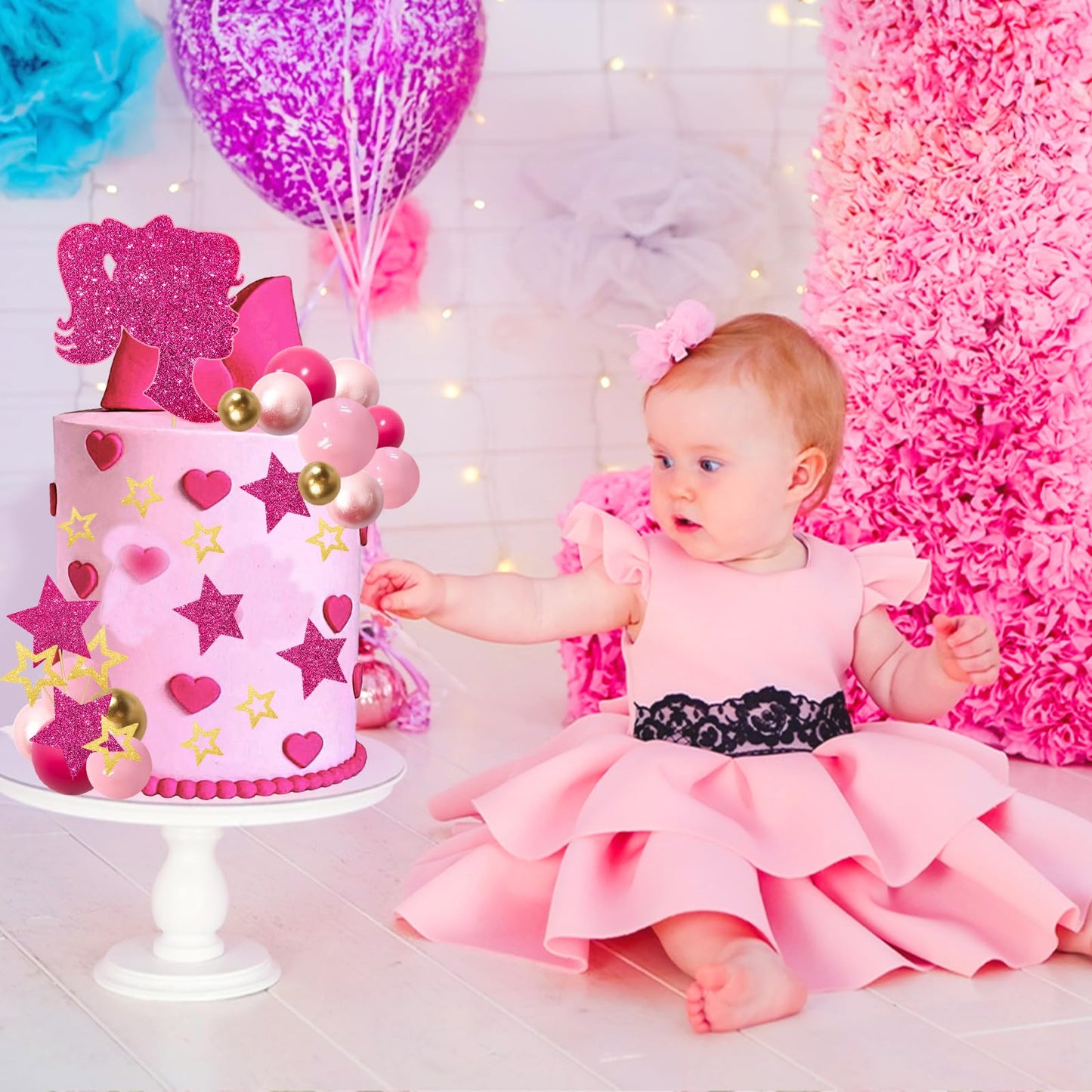 Memovan Hot Pink Girl Cake Toppers 36Pcs Ball Cake Decorations With Hot Pink Gold Balls Shiny Stars For Boho Girl Hot Pink Princ
