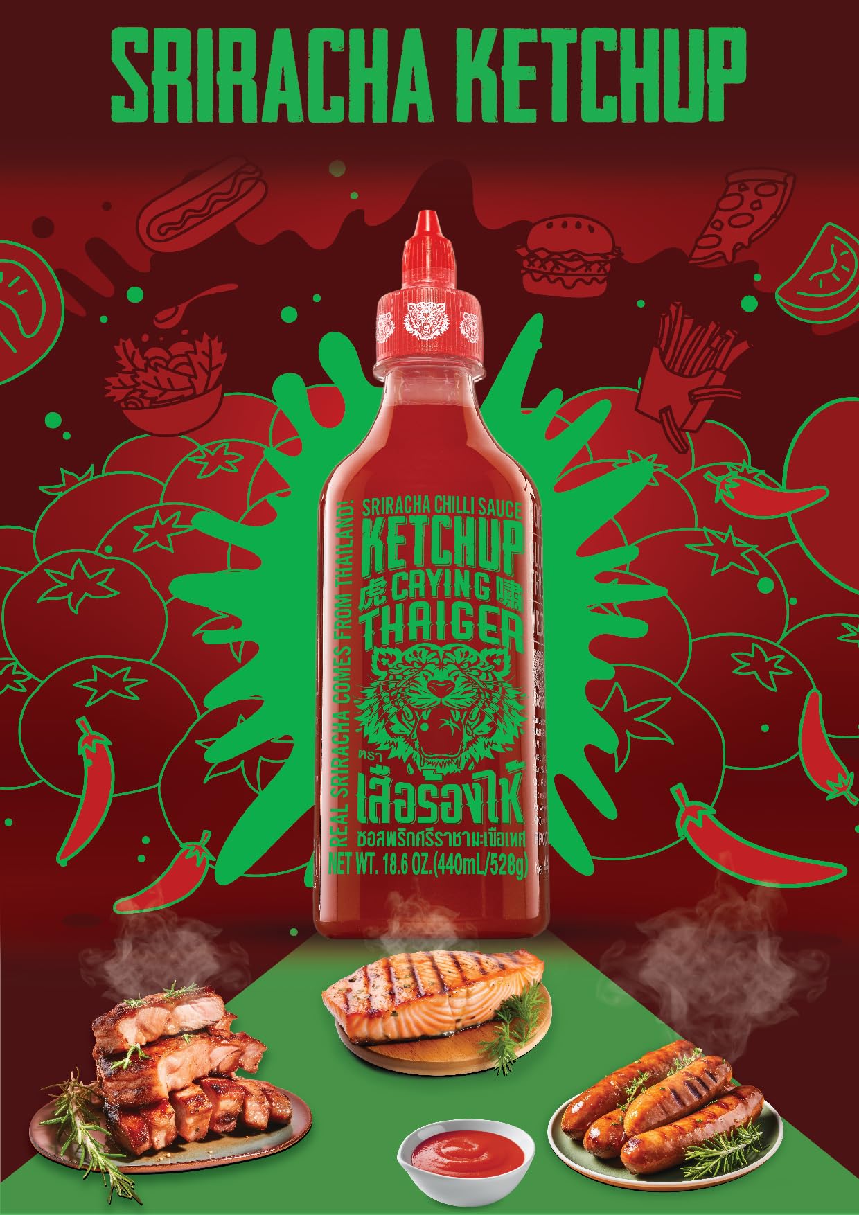 Crying Thaiger Sriracha Ketchup Chili Sauce In Squeeze Bottle 18.6 Ounce, Vegan, Gluten Free, Non-Gmo, From Thailand (Pack Of 12