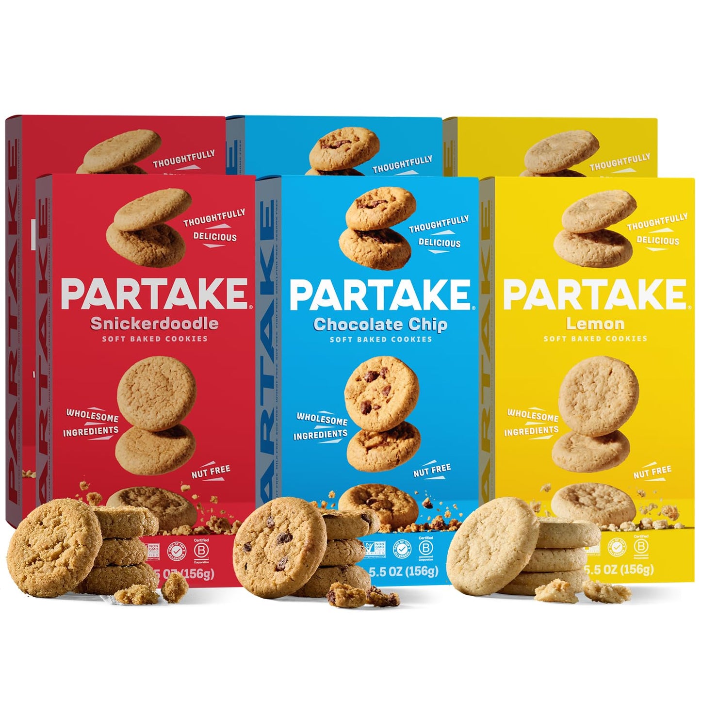 Partake Foods Gluten Free Soft Baked Cookies Variety Pack (Chocolate Chip, Lemon & Snickerdoodle) - Vegan - Free From the Top 9 