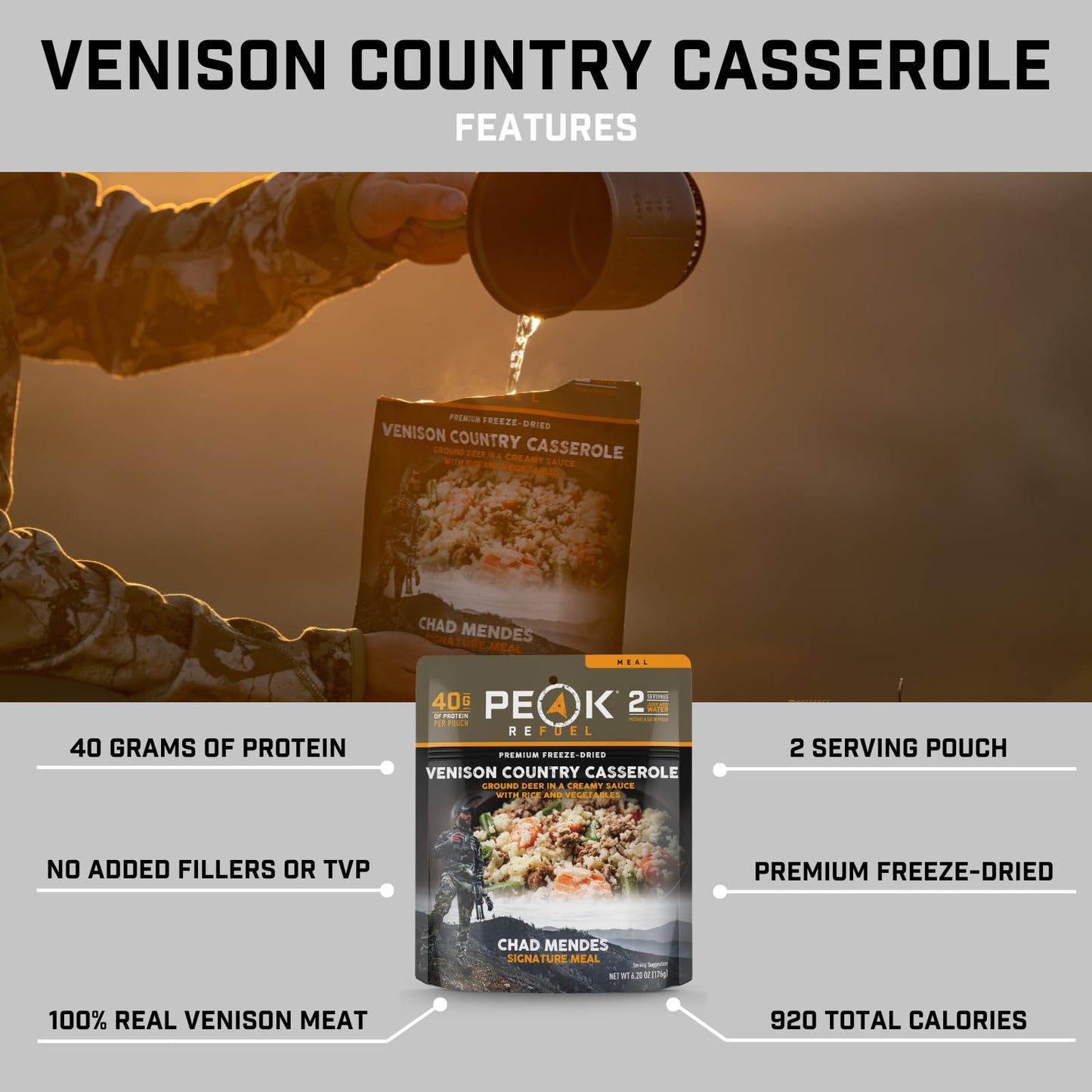 Peak Refuel Venison Country Casserole | Chad Mendes Signature Meal | Premium Freeze-Dried Variety Meals | Hunting, Survival, Cam