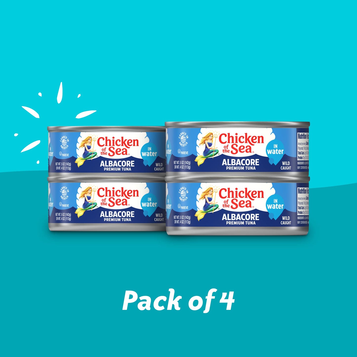 Chicken Of The Sea Solid White Premium Albacore Tuna In Water, Wild Caught Tuna, 5 Oz. Can (Pack Of 4)