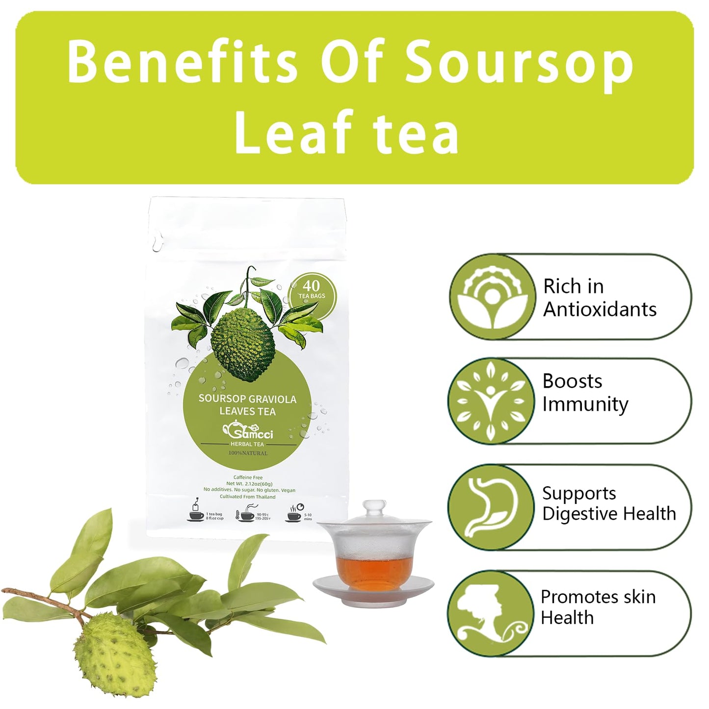 SAMCCI Soursop Leaves Tea Bags - 40 Count, 1.5g/bag, Non-GMO, Caffeine-Free, Pure Graviola Tea for Digestive and Skin Health