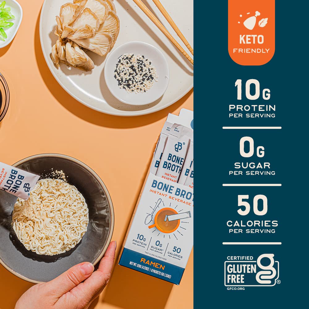 Bare Bones Bone Broth Instant Powdered Beverage Mix, Ramen, Pack Of 8, 15G Sticks, 10G Protein, Keto & Paleo Friendly, Non-Gmo,