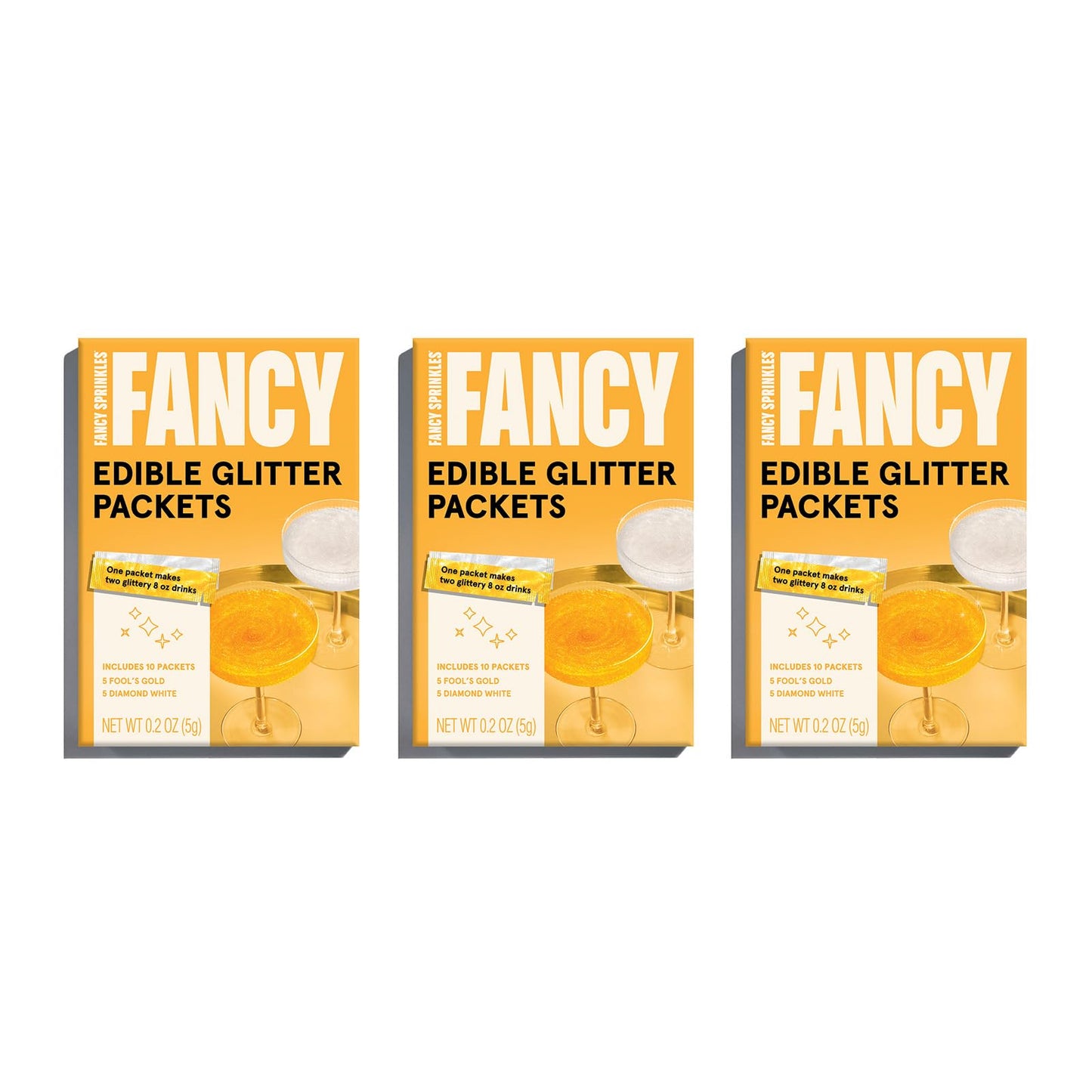 Fancy Sprinkles Edible Glitter Packets for Drinks, 3 Pack, Fools Gold & Diamond White