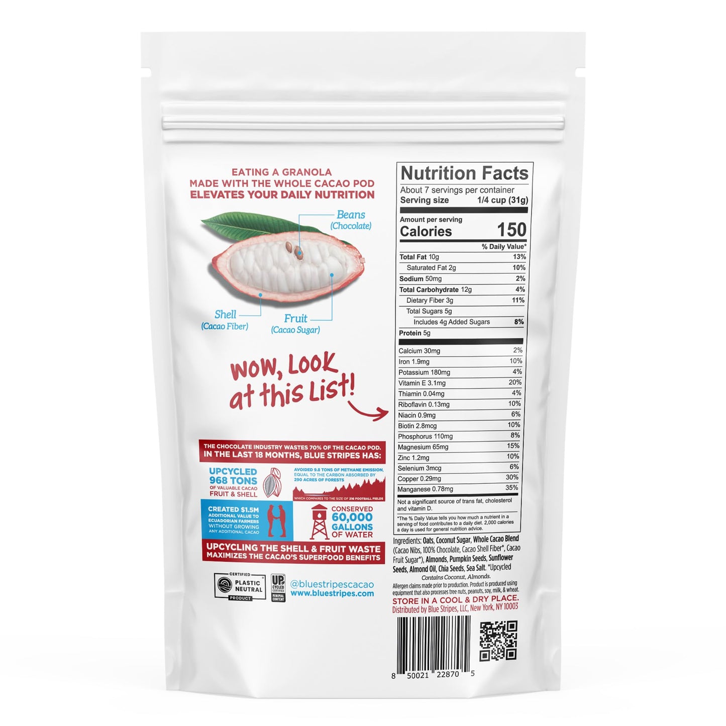 Blue Stripes Dark Chocolate Whole Cacao Granola, 8 Oz