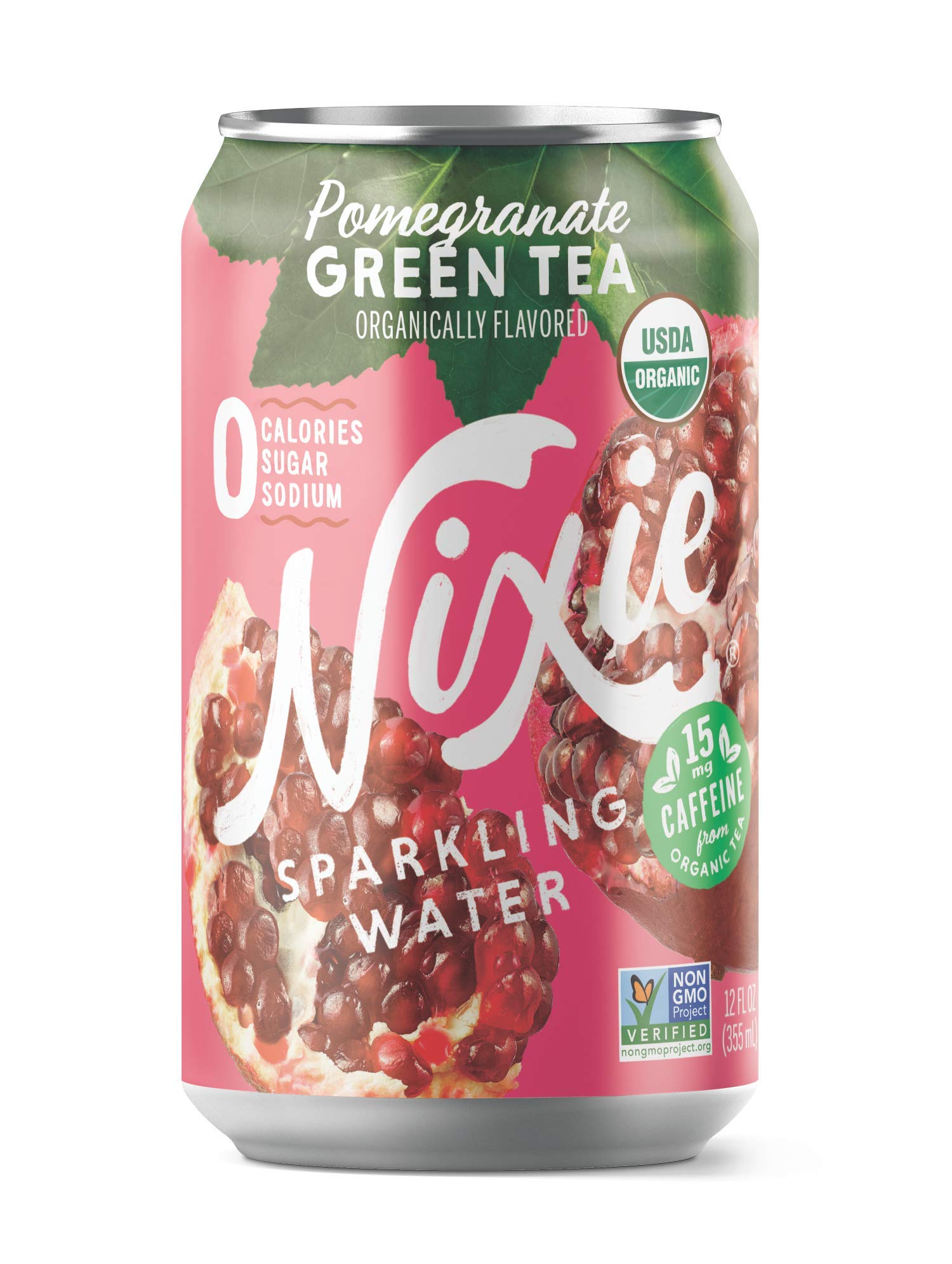 Nixie Sparkling Water, Pomegranate Green Tea, Lightly Caffeinated (15mg) | 12 fl oz cans, 24 pack | Organic, Vegan, Non-GMO, Glu