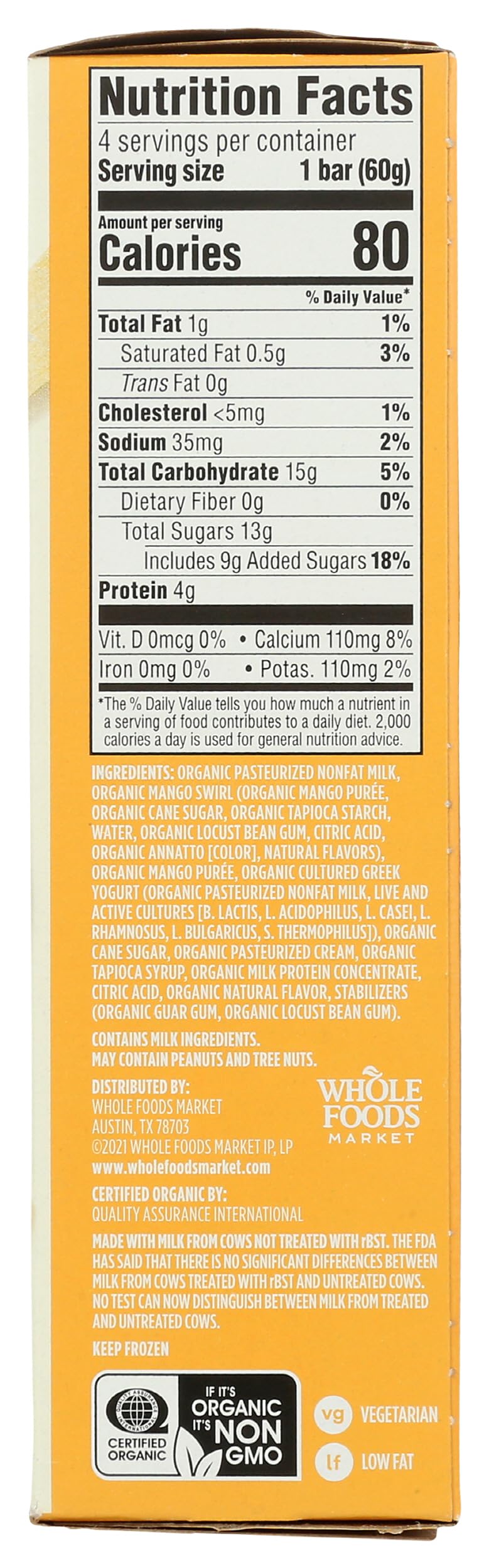 365 by Whole Foods Market, Greek Yogurt Bar, Mango, Organic, 10 Ounce
