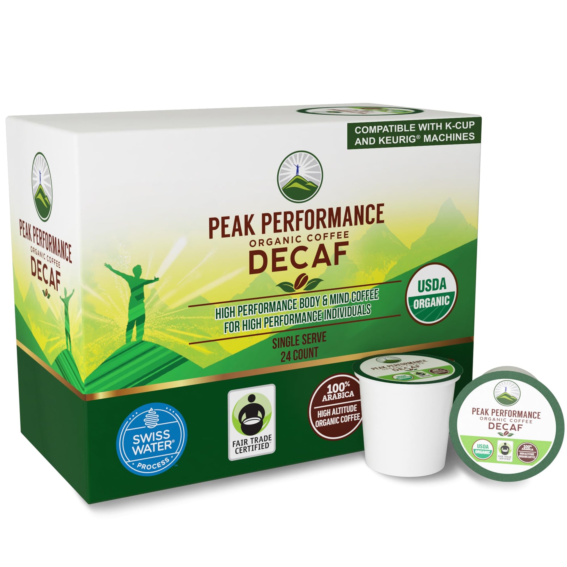 Peak Performance Organic Decaf Coffee Pods, Low Acid, Medium Roast, K-Cup Compatible, 24 Count