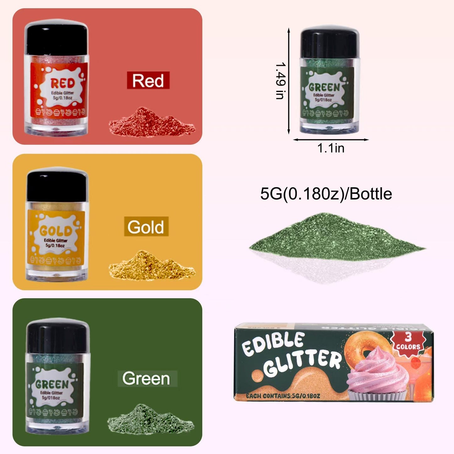 Egcina Edible Glitter Set - Luster Dust for Cakes & Drinks - 3 Colors (Red/Green/Gold) - 5g per Bottle