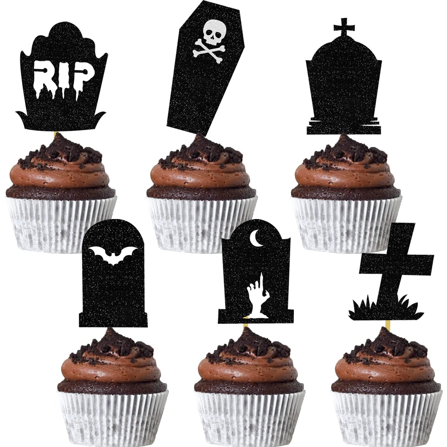 Domoo Of Dreams Halloween Tombstone Cupcake Toppers Glitter Rip Spooky Skull Food Picks Cemetery Graves Zombie Birthday Party De