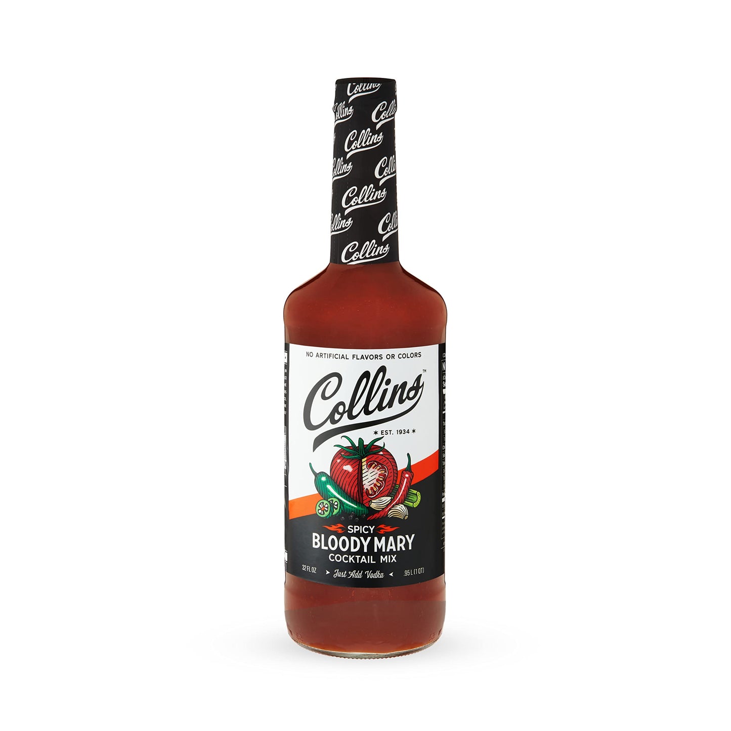 Collins Bloody Mary Mix - Glass Bottle, 32 fl oz, Black, Model 6001, Perfect for Home Cocktail Bar and Brunch Recipes