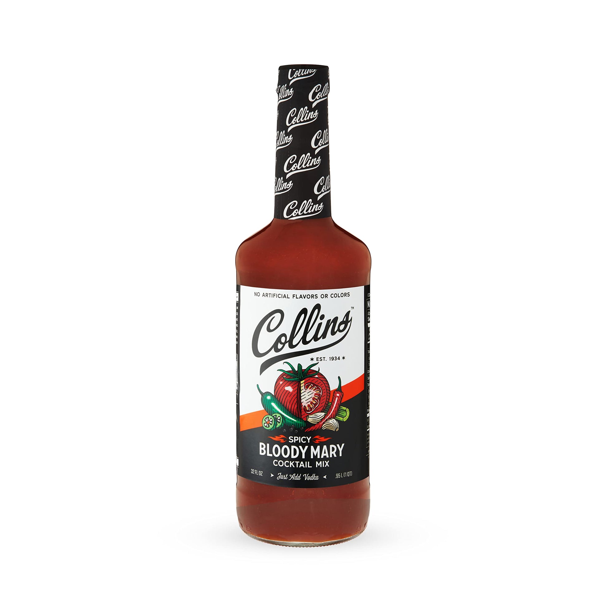 Collins Bloody Mary Mix - Glass Bottle, 32 fl oz, Black, Model 6001, Perfect for Home Cocktail Bar and Brunch Recipes