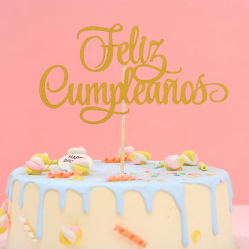 Spanish Feliz Cumpleaos Cake Topper - Gold Glitter Happy Birthday Cake Topper, Single-Side Gold Glitter Feliz Cumpleaos Decorati
