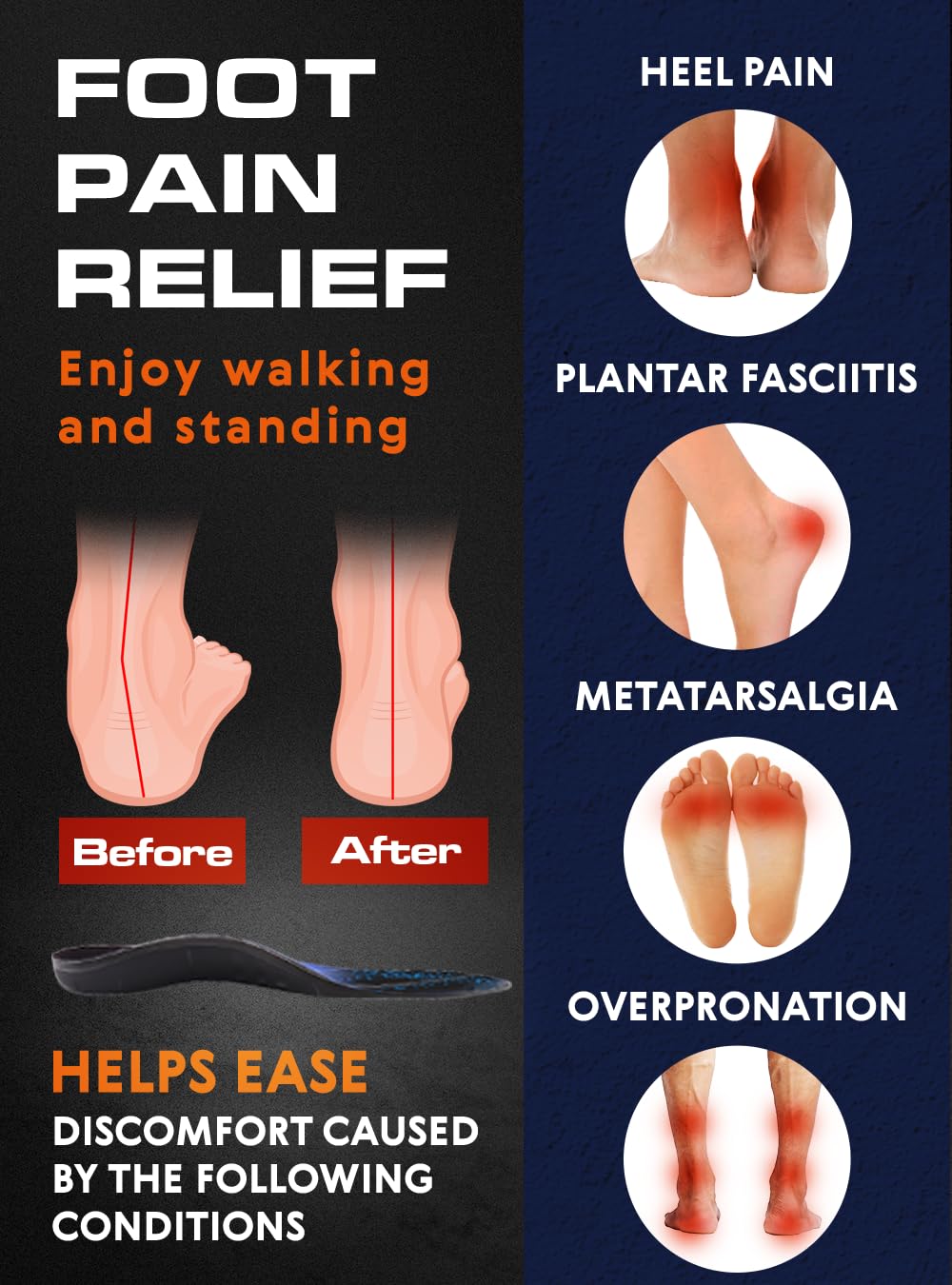 (220+Lbs) Plantar Fasciitis Strong Arch Support Insoles Inserts Men Women - Flat Feet - High Arch Insoles - Boot Work Shoe Insol