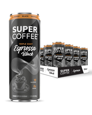 Super Coffee Espresso, Iced Keto Coffee (0G Added Sugar, 10 Calories) [Triple Shot Black] 11 Fl Oz, 12 Pack | Iced Coffee, Cold 