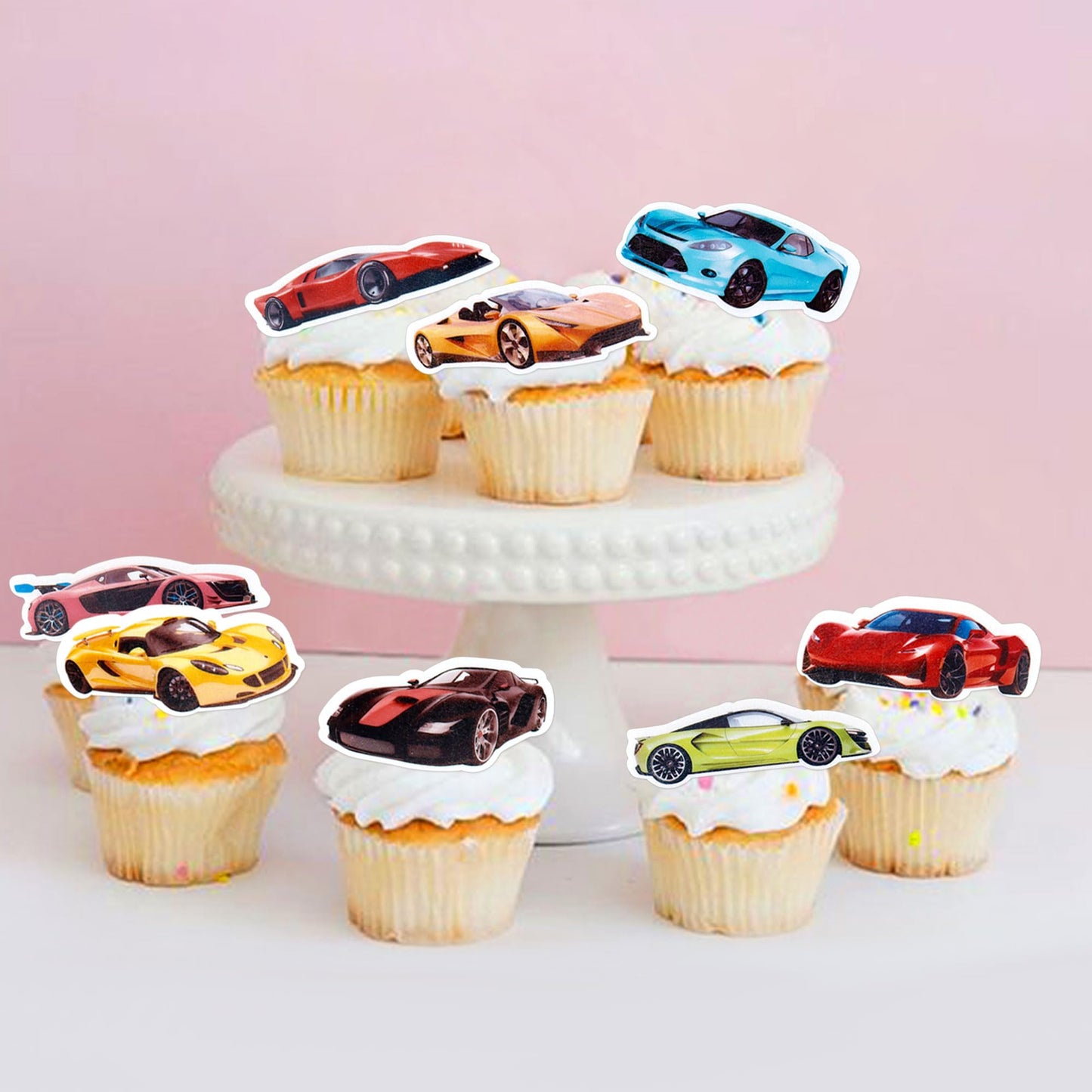 Cyodoos 45Pcs Edible Wafer Paper Race Car Cupcake Toppers Car Party Decoration Drink Topper Birthday Party Supplies Car Themed P