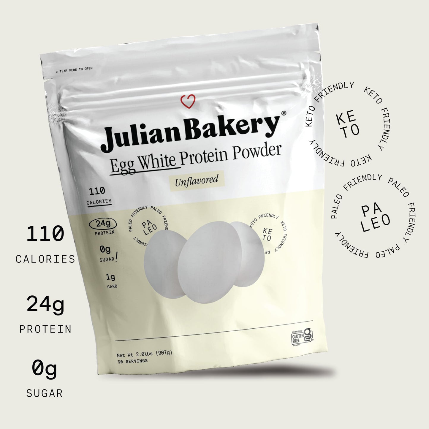 Julian Bakery Paleo Thin Protein Powder | Egg White | Unflavored | 25g Protein | Soy-Free | GMO-Free | Three 2 LBS Bags | 90 Ser