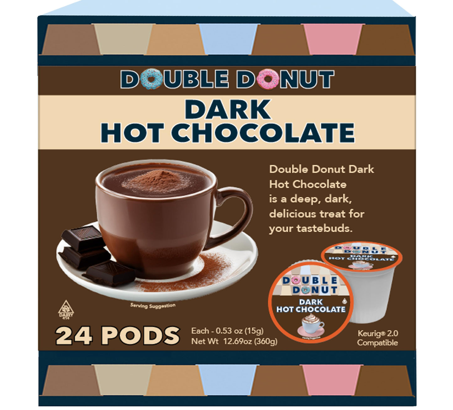 Double Donut Dark Hot Chocolate Pods for Keurig - 24 Count - Single Serve Cocoa Pods
