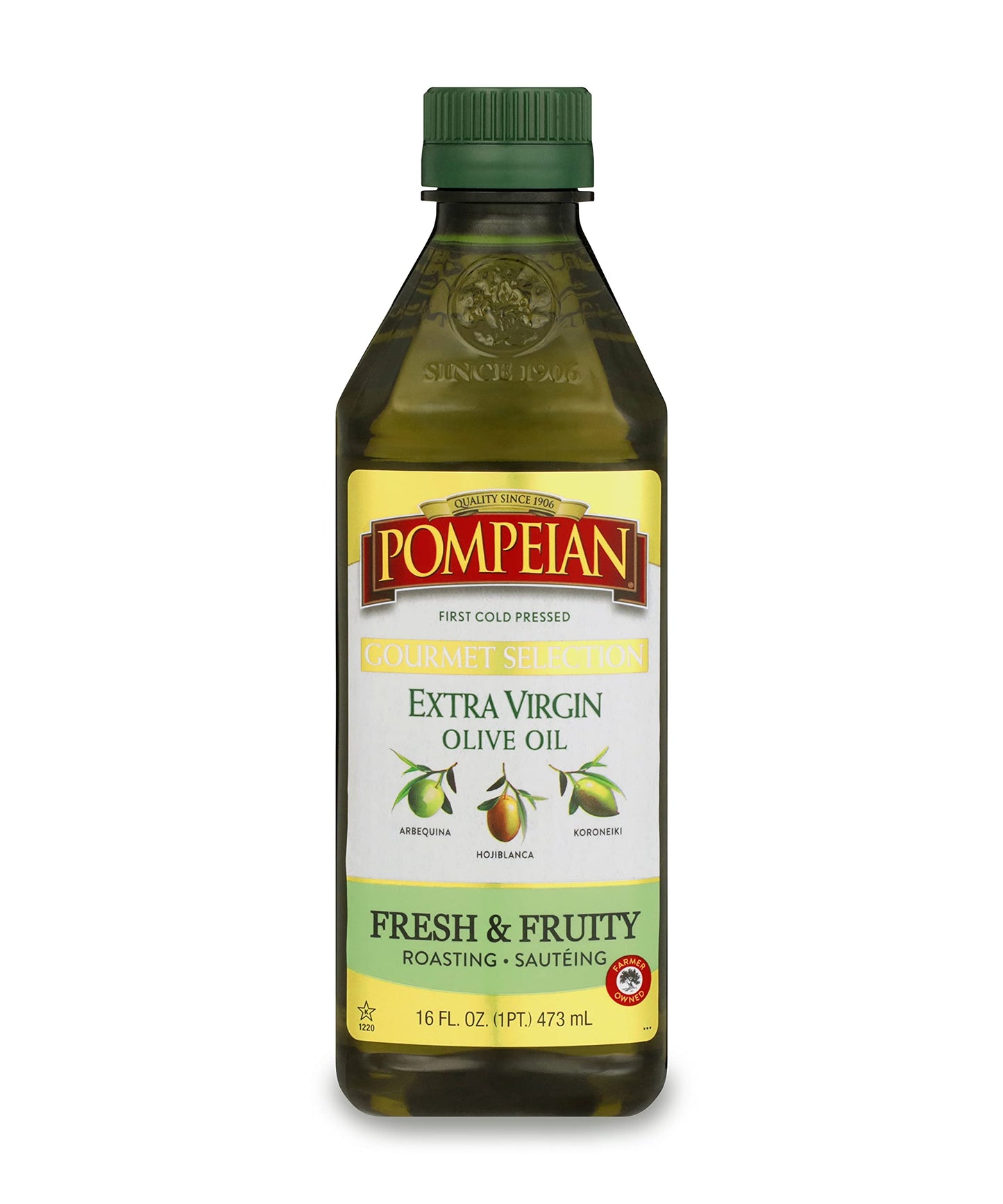 Pompeian Gourmet Selection Extra Virgin Olive Oil, First Cold Pressed, Fresh & Fruity Flavor, Perfect For Roasting & Sautéing, 16 Fl. Oz.
