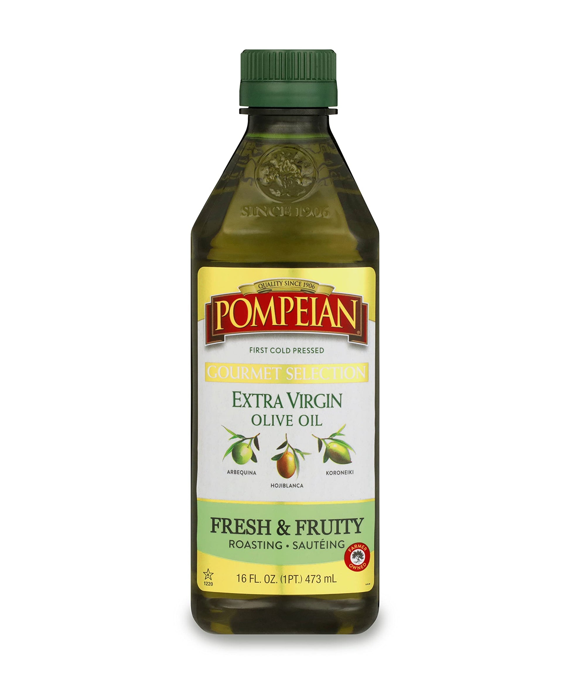 Pompeian Gourmet Selection Extra Virgin Olive Oil, First Cold Pressed, Fresh & Fruity Flavor, Perfect For Roasting & Sautéing, 16 Fl. Oz.