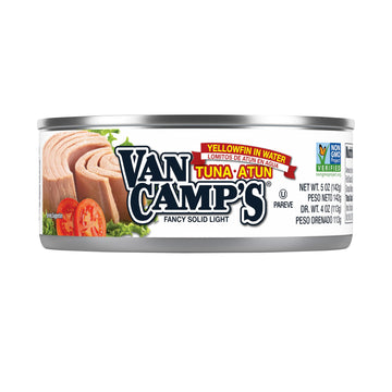 Van Camp'S Seafood Solid Light Yellowfin Tuna In Water, 5 Oz. Can (Pack Of 48), Wild Caught Canned Tuna