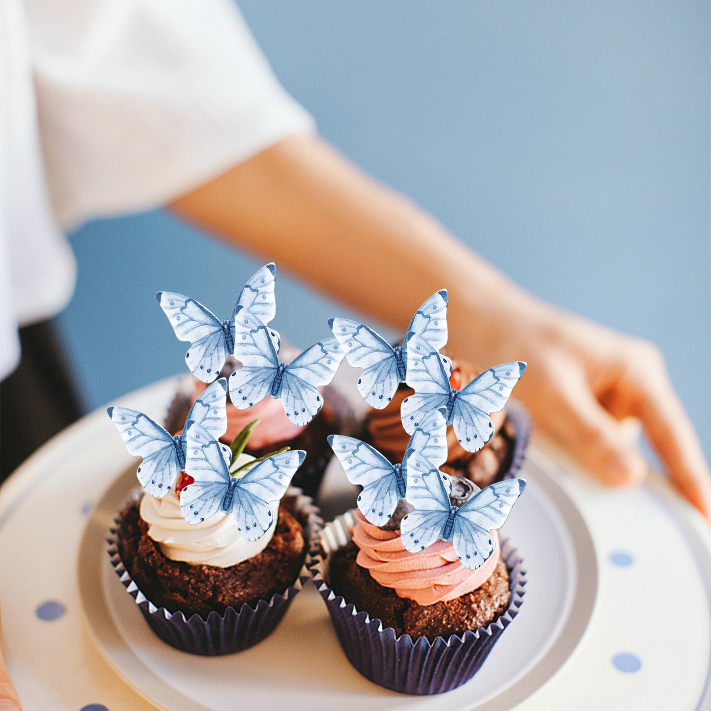 Rssta i 48 Pack Edible Butterfly Cake Decorations, Rice Paper Cupcake Toppers, Design 2 Blue 2 for Birthday and Wedding Parties