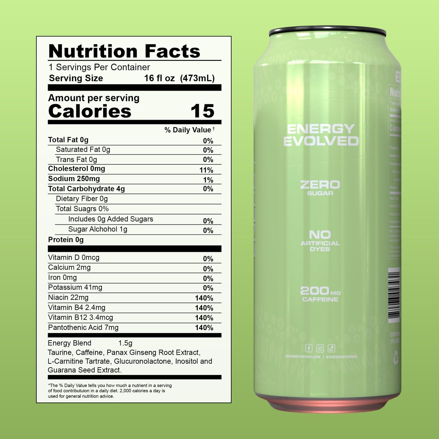 3D Energy Drink - Sugar Free  200mg Caffeine  Pre Workout  Taurine  L-Carnitine  Lightly Carbonated  16oz Cans  12 Pack - Cucumber Melon