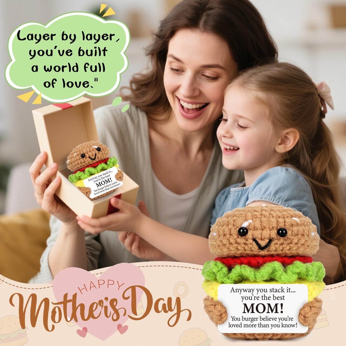 AVBODA Handmade Crochet Burger Toy for Mom - Birthday/Thanksgiving Gift - Colorful Mini Burgers - Model B-016