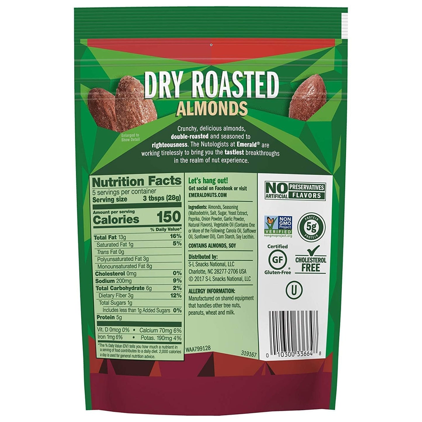 Emerald Dry Roasted Almonds, 5 Ounce Resealable Bag (Pack Of 12)