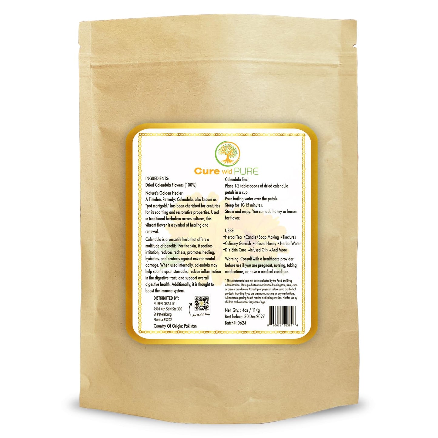 Cure Wid Pure Certified Organic Dried Calendula Flowers | 4 oz Resealable Pack Whole Organic Calendula Flowers for Skincare DIY Remedies & Herbal Tea | Vibrant Color & Aromatic Dried Marigold Flower
