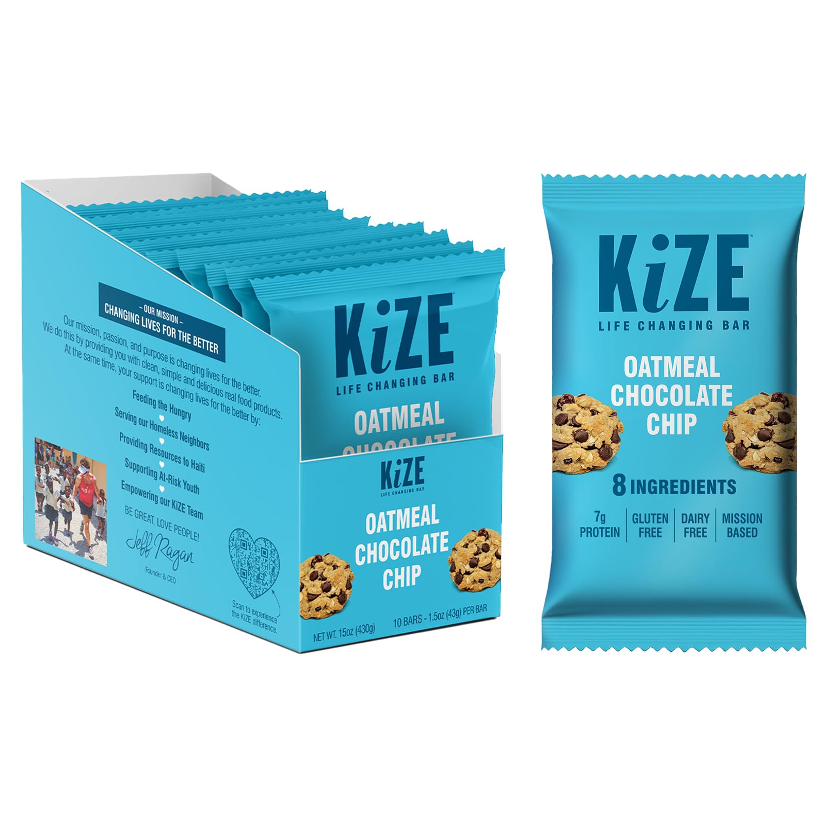 KiZE Energy Bars - Oatmeal Chocolate Chip - Gluten Free, Dairy Free, High Protein - 10 Count