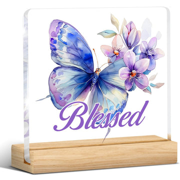 Opomzk Acrylic Desk Sign - Christian Gifts for Women, Purple Butterfly, Inspirational Bible Verses, Model LY17-18-Blessed, Multicolor R