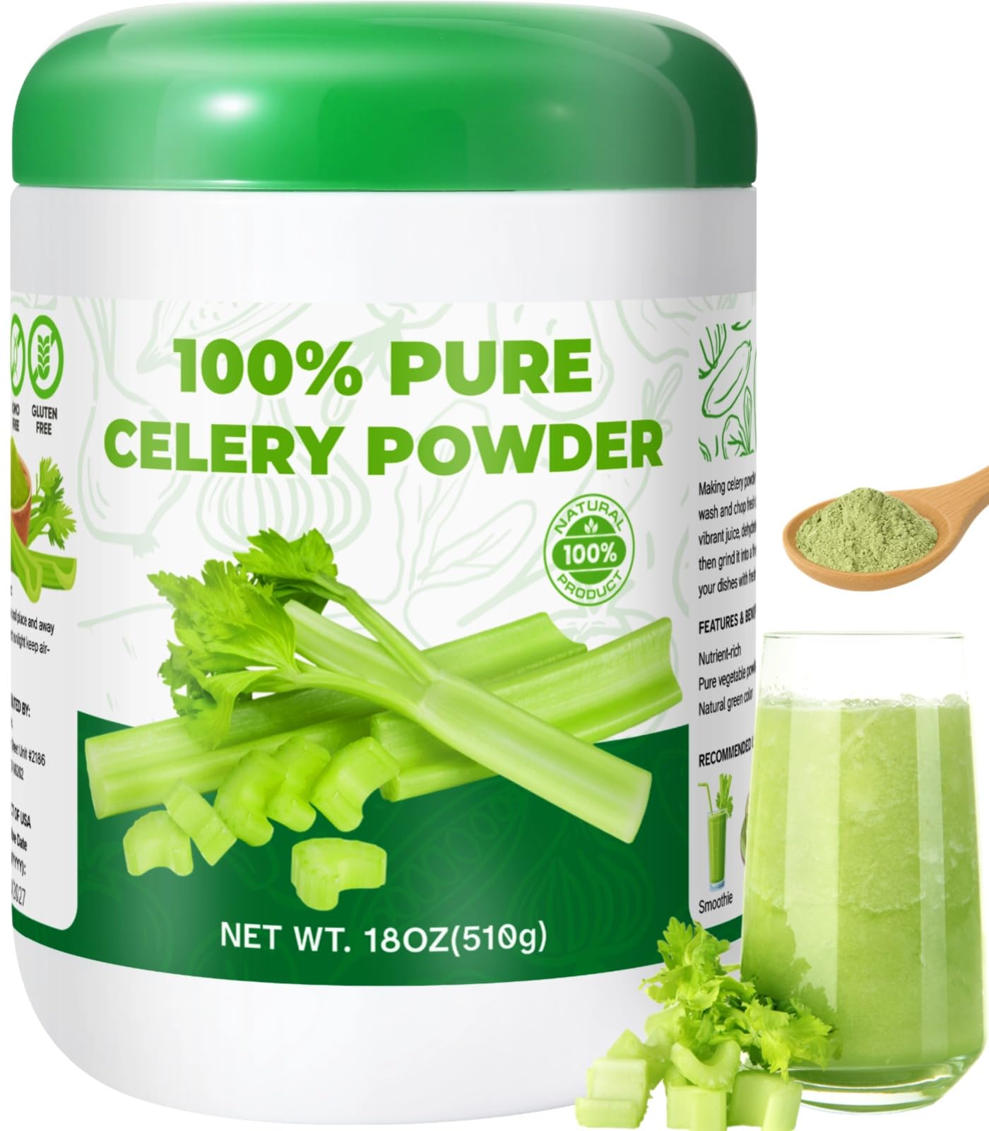 Gephron 18OZ Pure Celery Powder - 100% Natural, Non-GMO, Gluten-Free Seasoning, Perfect for Smoothies and Baking