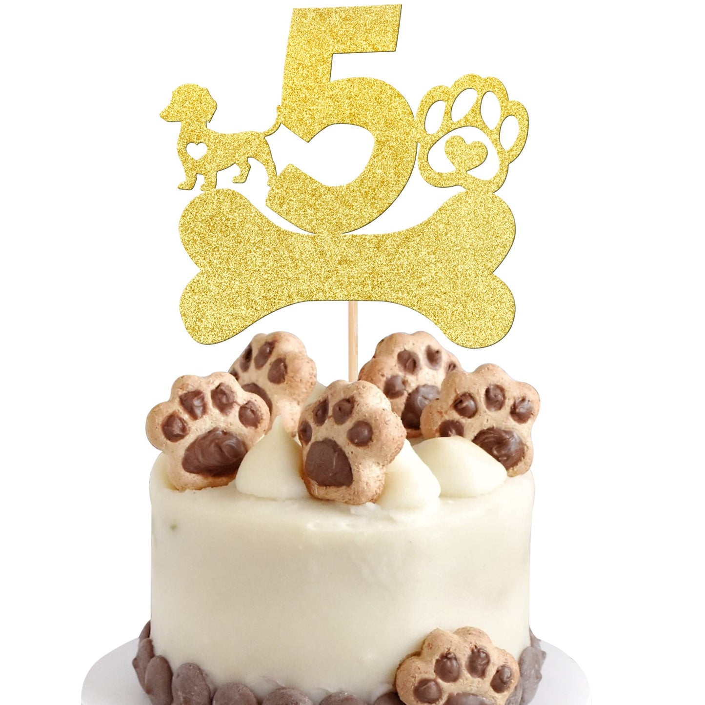 1 PCS 5th Birthday Cake Topper with Gold Glitter Dog Paw Five Years Old Birthday Puppy Dog Bone Cake Pick Decorations for Let's 