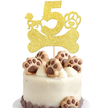 1 PCS 5th Birthday Cake Topper with Gold Glitter Dog Paw Five Years Old Birthday Puppy Dog Bone Cake Pick Decorations for Let's 