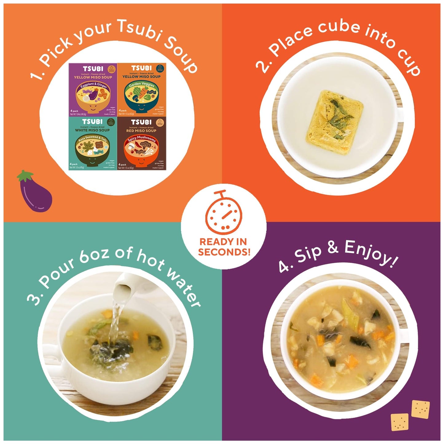 Tsubi Soup Freeze-Dried Miso Soup Packets - Vegan, Gluten-Free, 24 Packs, Yellow Miso (Garden Veggies)