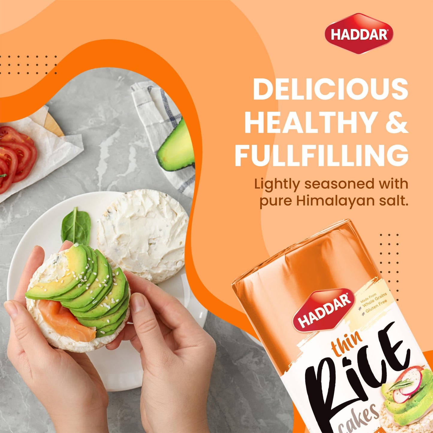 Haddar Wholegrain Thin Rice Cakes with Himalayan Sea Salt, 4.2oz (3 Pack) | Gluten Free | Made With Whole Grain Brown Rice | Veg