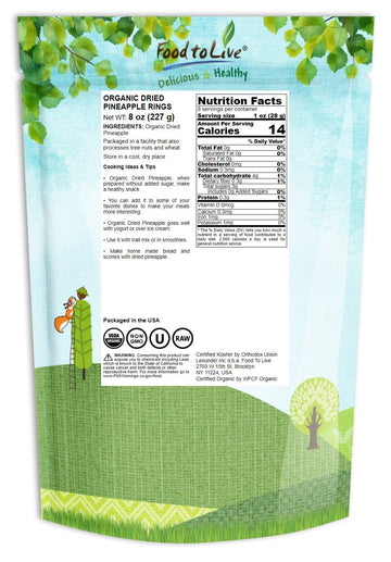 Food To Live Organic Dried Pineapple Rings, 8 Ounces - Non-Gmo, Flavorful Chewy Fruit Snack, Vegan, Unsulfured, No Sugar Added,