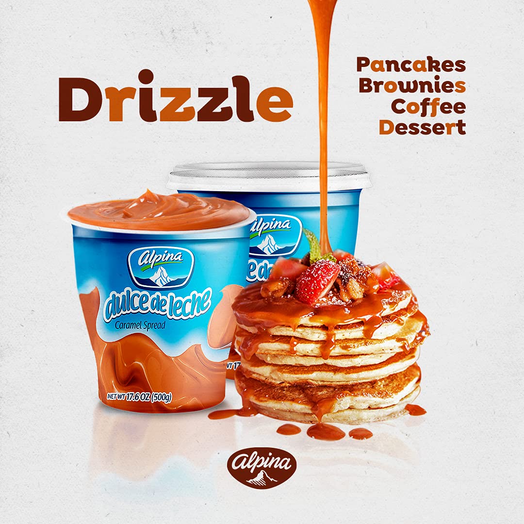 Arequipe Alpina Dulce De Leche (2 Pack). Milk Caramel Sauce Dip For Apples And Desserts - Creamy Consistency As Cajeta - Great For Alfajores, Obleas And Breakfast - 2 Pack X 17,5 Oz Each.